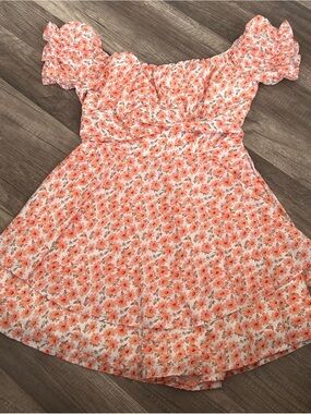 Womens Off-Shoulder Floral Dress in Coral Pink